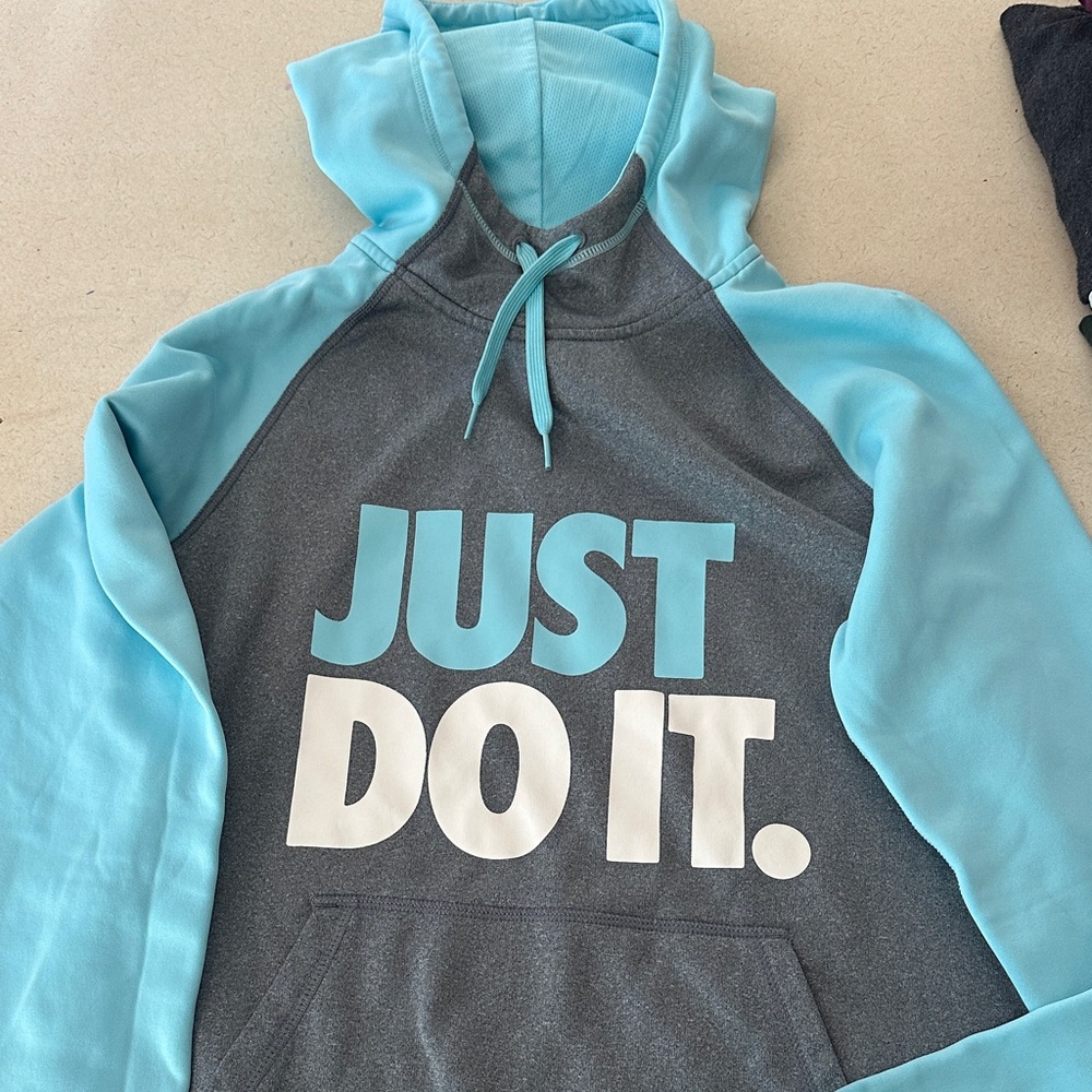 Nike Gray and Light Blue Just Do It Hoodie